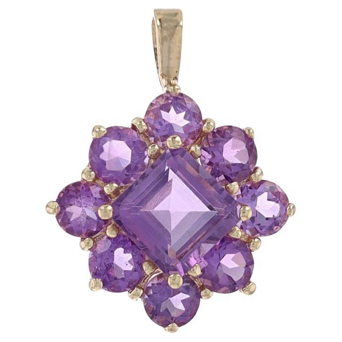 Yellow Gold Amethyst Halo Pendant - 14k Square & Round 2.96ctw Flower For Sale