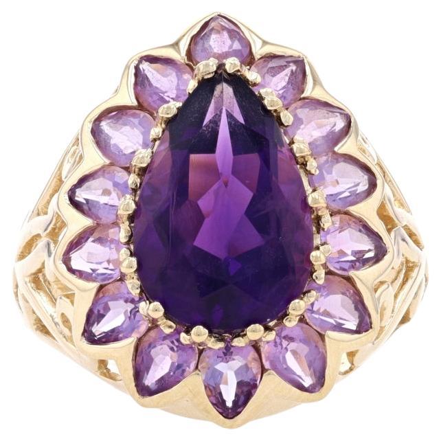 Yellow Gold Amethyst Halo Ring - 10k Pear Cut 7.10ctw Flower Size 8 1/4 For Sale