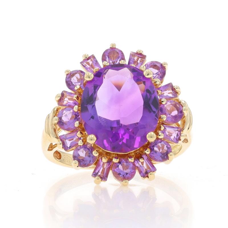 Size: 6 1/4
Sizing Fee: Up 2 sizes for $35 or Down 1 size for $35

Metal Content: 14k Yellow Gold

Stone Information

Natural Amethysts
Carat(s): 4.15ctw
Cut: Oval, Round, & Tapered Baguette
Color: Purple

Total Carats: 4.15ctw

Style: Solitaire