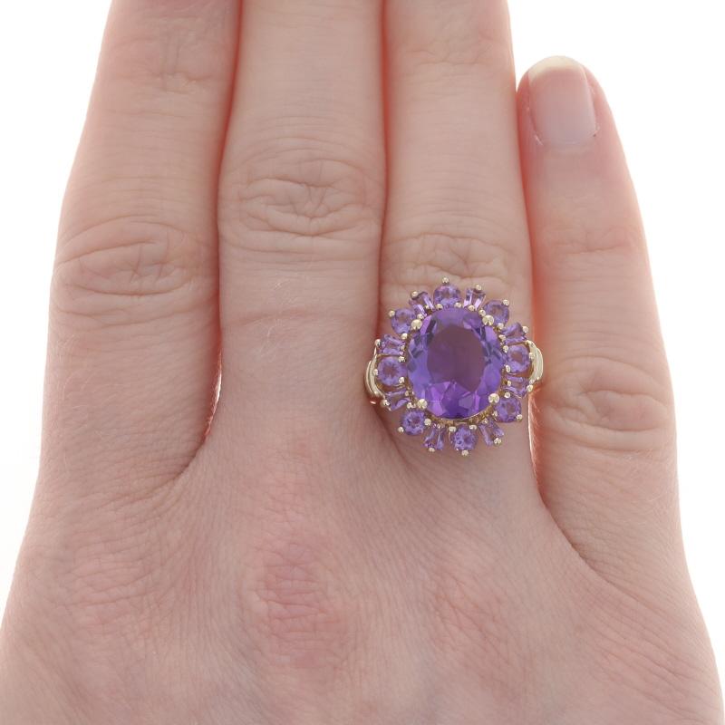 Round Cut Yellow Gold Amethyst Halo Ring 14k Oval, Round & Tapered Baguette 4.15ctw Flower For Sale