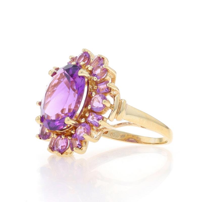 Yellow Gold Amethyst Halo Ring 14k Oval, Round & Tapered Baguette 4.15ctw Flower In Excellent Condition For Sale In Greensboro, NC