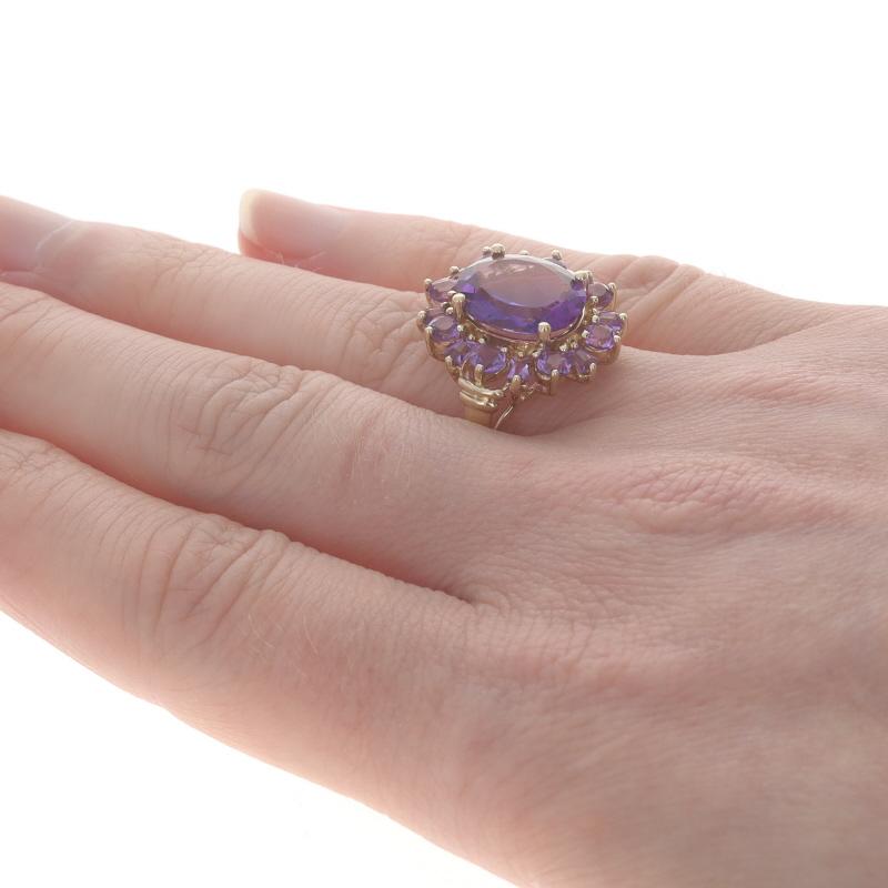 Women's Yellow Gold Amethyst Halo Ring 14k Oval, Round & Tapered Baguette 4.15ctw Flower For Sale