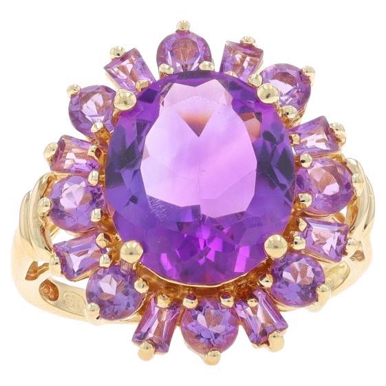 Yellow Gold Amethyst Halo Ring 14k Oval, Round & Tapered Baguette 4.15ctw Flower For Sale