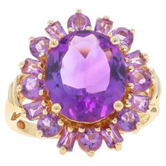 Yellow Gold Amethyst Halo Ring 14k Oval, Round & Tapered Baguette 4.15ctw Flower
