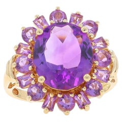 Anillo Halo Amatista Oro Amarillo 14k Oval, Redonda y Baguette Cónica 4.15ctw Flor