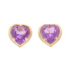 Yellow Gold Amethyst Heart Large Stud Earrings - 14k Heart 4.44ctw Love Pierced