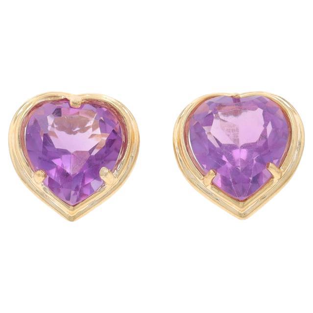 Yellow Gold Amethyst Heart Large Stud Earrings - 14k Heart 4.44ctw Love Pierced