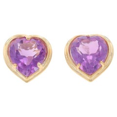 Yellow Gold Amethyst Heart Large Stud Earrings - 14k Heart 4.44ctw Love Pierced