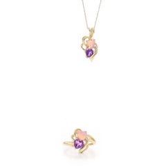 Yellow Gold Amethyst Lab-Created Opal Dia Heart Ring & Pendant Necklace Set 10k