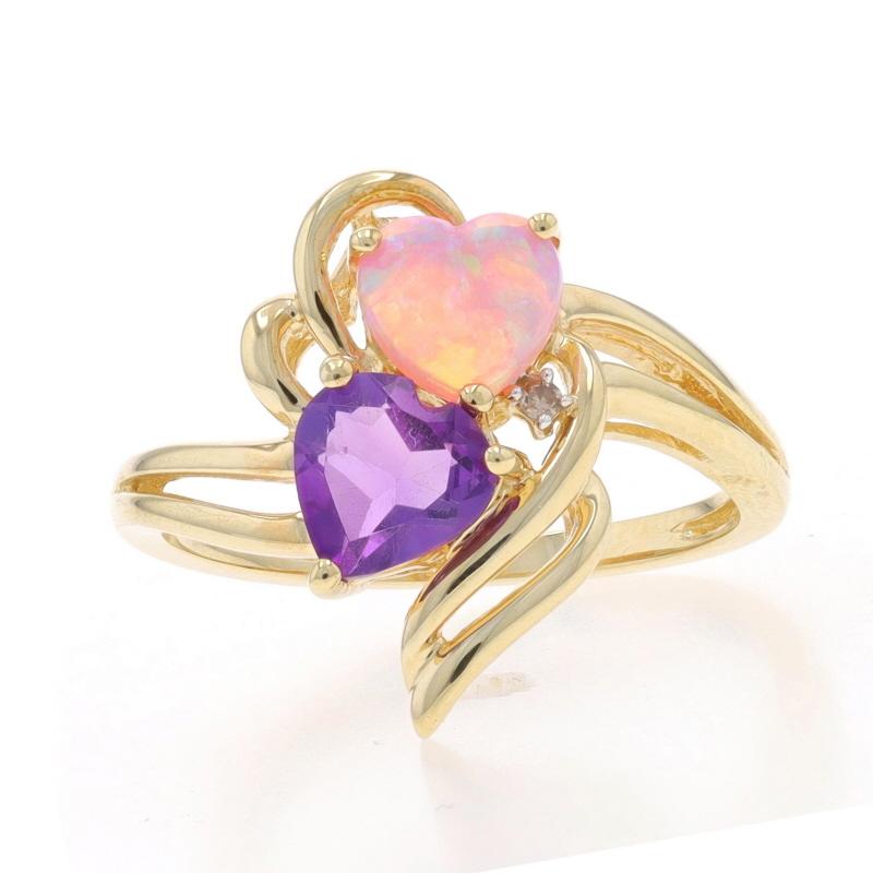 Heart Cut Yellow Gold Amethyst Lab-Created Opal Dia Heart Ring & Pendant Necklace Set 10k For Sale
