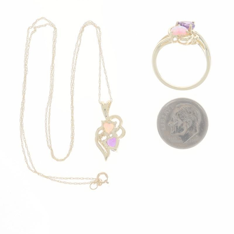 Yellow Gold Amethyst Lab-Created Opal Dia Heart Ring & Pendant Necklace Set 10k For Sale 2