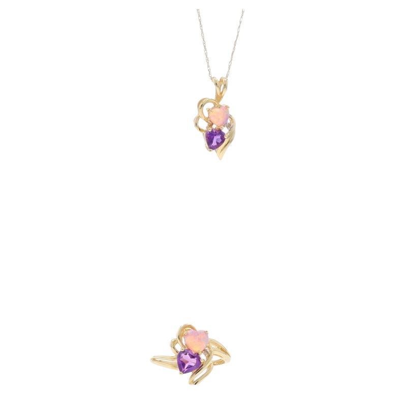 Yellow Gold Amethyst Lab-Created Opal Dia Heart Ring & Pendant Necklace Set 10k For Sale
