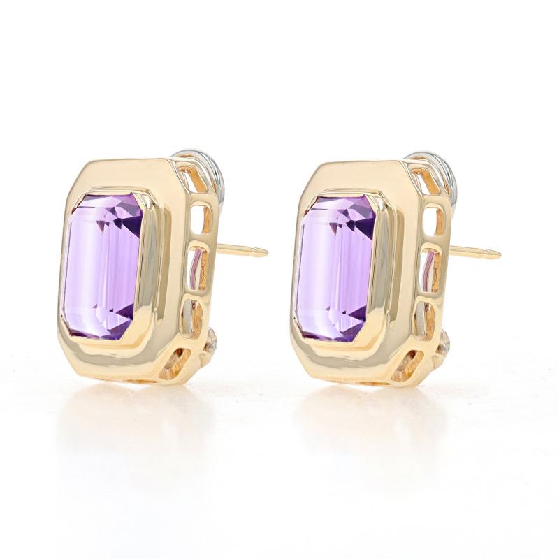 Metal Content: 14k Yellow Gold (earrings) & 14k White Gold (fastenings)

Stone Information
Natural Amethysts
Carat(s): 10.10ctw
Cut: Emerald
Color: Purple

Total Carats: 10.10ctw

Style: Large Stud
Fastening Type: Omega Closures

Measurements
Tall: