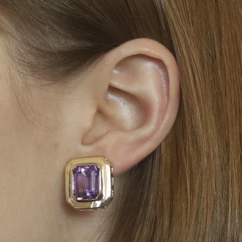 Emerald Cut Yellow Gold Amethyst Large Stud Earrings - 14k Emerald 10.10ctw Pierced For Sale