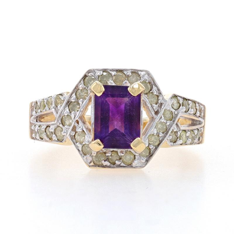 Size: 6 1/4
Sizing Fee: Up 2 sizes for $40

Metal Content: 10k Yellow Gold & 10k White Gold

Stone Information

Natural Amethyst
Carat(s): 1.00ct
Cut: Emerald
Color: Purple

Natural Diamonds
Carat(s): .40ctw
Cut: Round Brilliant
Color: Light