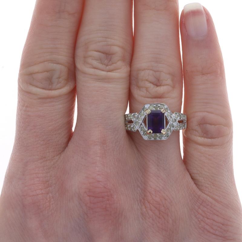Yellow Gold Amethyst & Light Yellow Diamond Ring - 10k Emerald Cut 1.40ctw Halo In Excellent Condition For Sale In Greensboro, NC