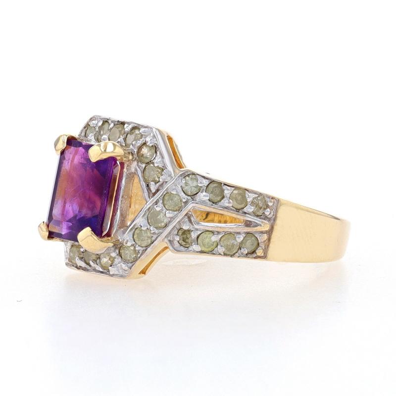 Women's Yellow Gold Amethyst & Light Yellow Diamond Ring - 10k Emerald Cut 1.40ctw Halo For Sale