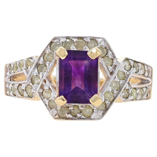 Yellow Gold Amethyst & Light Yellow Diamond Ring - 10k Emerald Cut 1.40ctw Halo For Sale