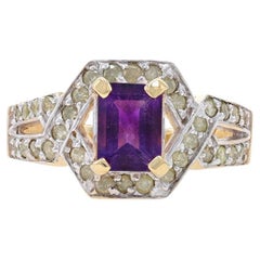 Yellow Gold Amethyst & Light Yellow Diamond Ring - 10k Emerald Cut 1.40ctw Halo