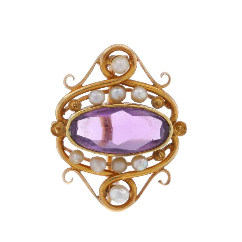 Era: Edwardian
Date: 1900s - 1910s

Metal Content: 14k Yellow Gold

Stone Information
Natural Amethyst
Carat(s): 2.50ct
Cut: Oval Buff Top
Color: Purple

Natural Pearls

Total Carats: 2.50ct

Style: Convertible Brooch/Pendant
Fastening Type: Hinged