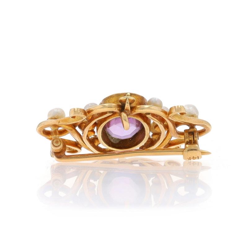 Oval Cut Yellow Gold Amethyst Pearl Edwardian Brooch/Pendant -14k Oval 2.50ct Antique Pin For Sale