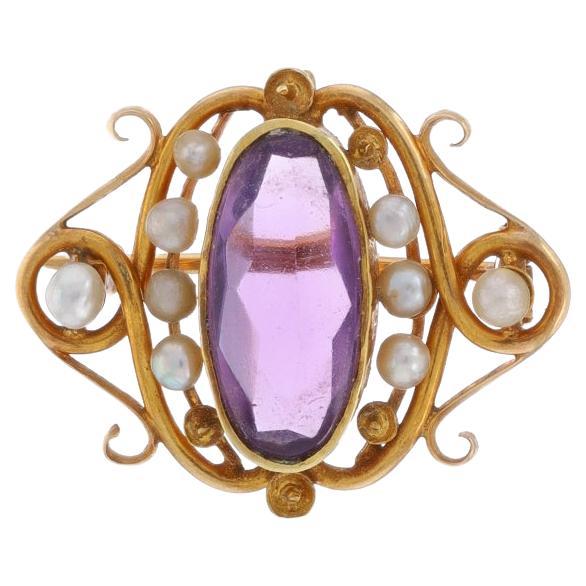 Yellow Gold Amethyst Pearl Edwardian Brooch/Pendant -14k Oval 2.50ct Antique Pin For Sale