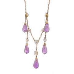 Yellow Gold Amethyst Pearl Edwardian Dangle Necklace 14 3/4" -15k Carved Antique