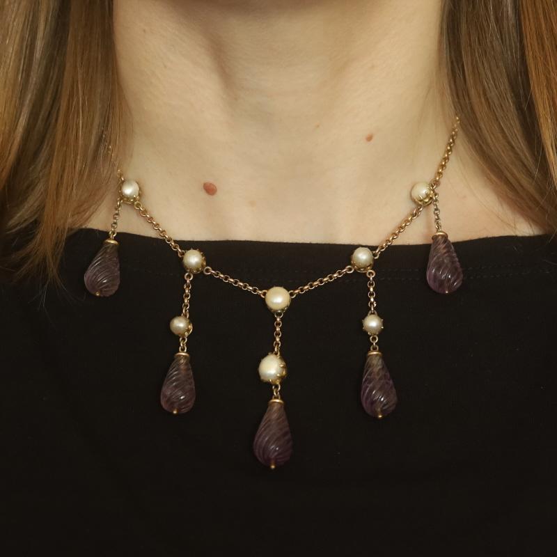 Yellow Gold Amethyst Pearl Edwardian Dangle Necklace 14 3/4