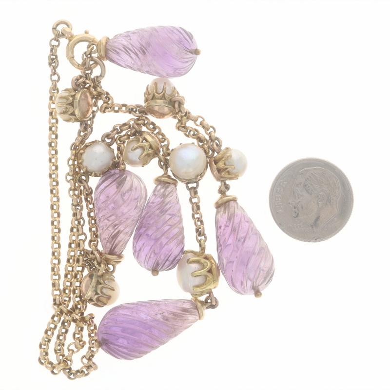 Collier pendentif Edwardien en or jaune avec perles et améthystes - 15k sculpté antique Bon état - En vente à Greensboro, NC