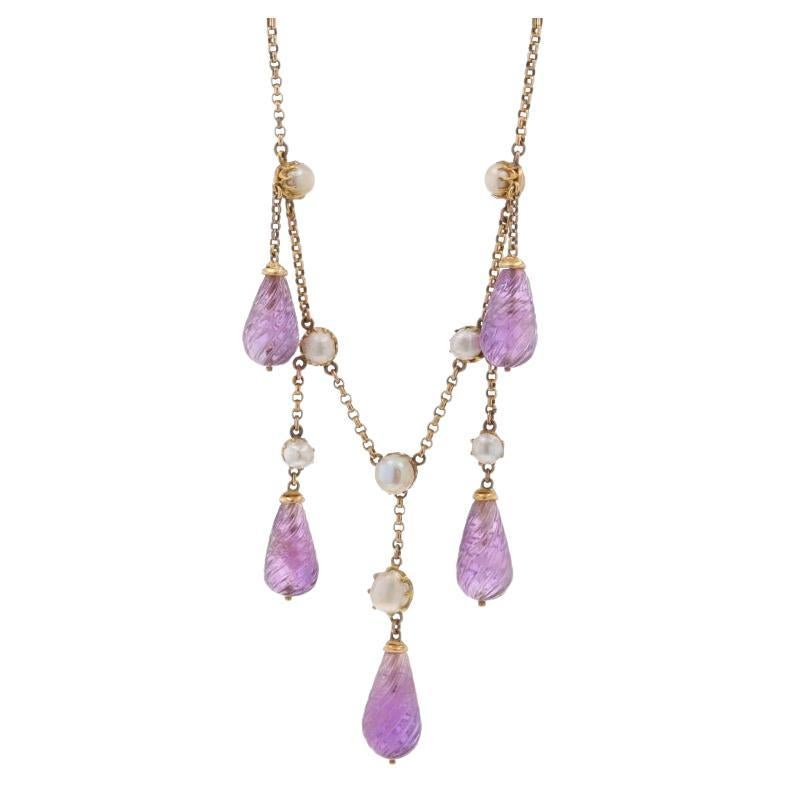 Yellow Gold Amethyst Pearl Edwardian Dangle Necklace 14 3/4" -15k Carved Antique For Sale