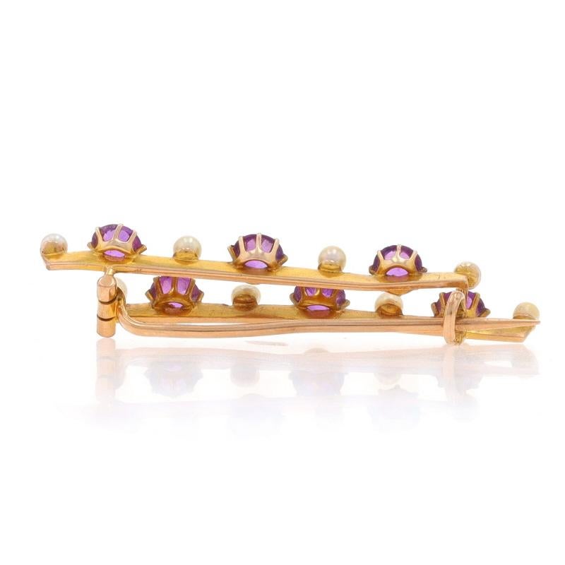 Round Cut Yellow Gold Amethyst & Pearl Edwardian Double Line Brooch - 9k Round Antique Pin