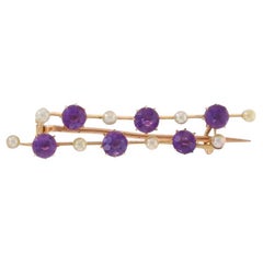 Yellow Gold Amethyst & Pearl Edwardian Double Line Brooch - 9k Round Antique Pin