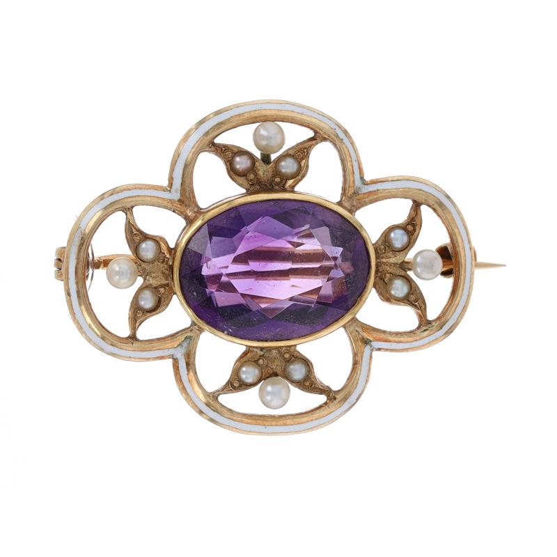 Era: Edwardian
Date: 1910s - 1920s

Metal Content: 14k Yellow Gold

Stone Information

Natural Amethyst
Carat(s): 4.00ct
Cut: Oval
Color: Purple

Natural Seed Pearls

Total Carats: 4.00ct

Enamel
Color: White

Style: Brooch
Fastening Type: Hinged