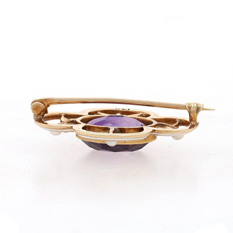 Oval Cut Yellow Gold Amethyst & Pearl Edwardian Flower Brooch 14k Oval 4.00ct Vintage Pin For Sale
