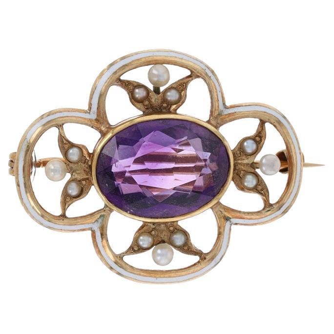 Yellow Gold Amethyst & Pearl Edwardian Flower Brooch 14k Oval 4.00ct Vintage Pin For Sale