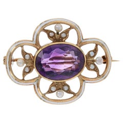 Yellow Gold Amethyst & Pearl Edwardian Flower Brooch 14k Oval 4.00ct Vintage Pin