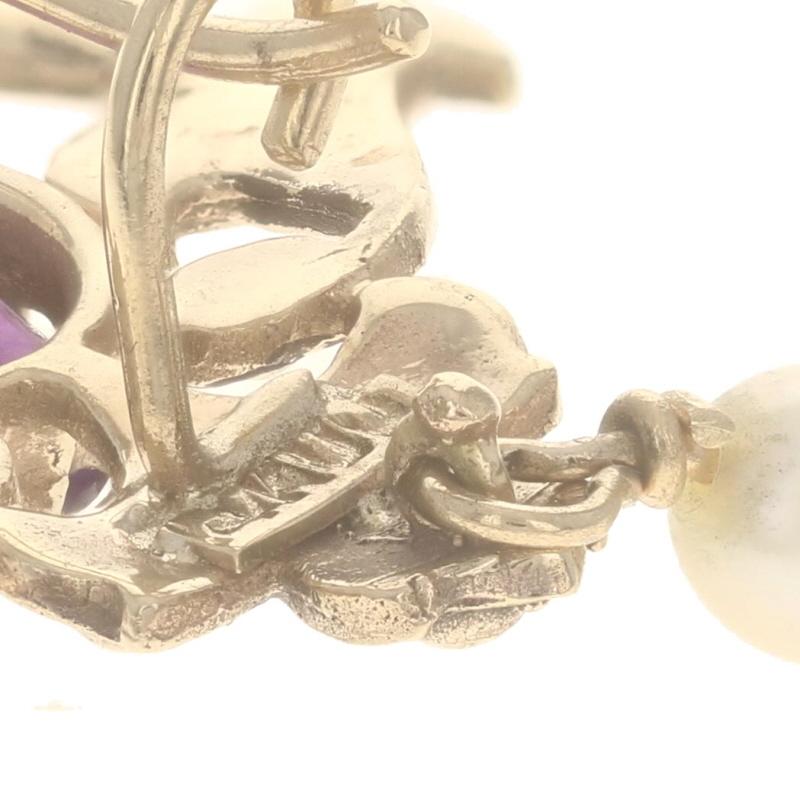 Oval Cut Yellow Gold Amethyst & Pearl Scroll Drop Earrings - 14k Oval 2.50ctw Pierced For Sale
