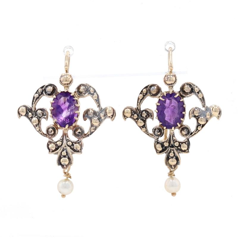 Yellow Gold Amethyst & Pearl Scroll Drop Earrings - 14k Oval 2.50ctw Pierced In Excellent Condition For Sale In Greensboro, NC
