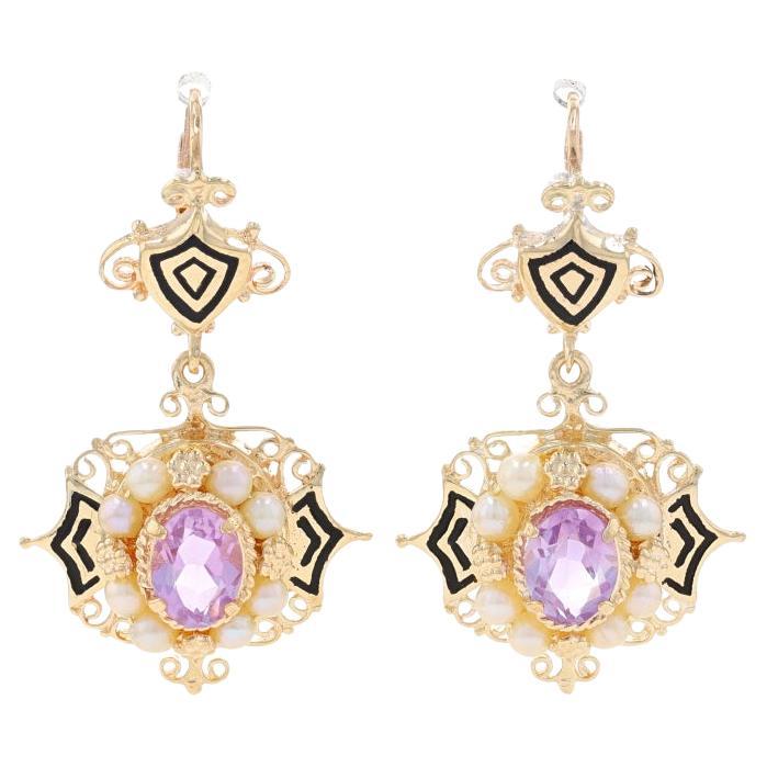 Yellow Gold Amethyst & Pearl Victorian Revival Halo Dangle Earrings 14k Vintage For Sale