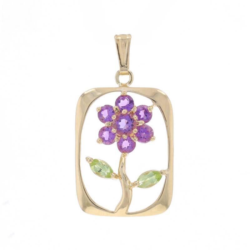 Metal Content: 14k Yellow Gold

Stone Information

Natural Amethysts
Carat(s): .52ctw
Cut: Round
Color: Purple

Natural Peridot
Carat(s): .20ctw
Cut: Marquise
Color: Green

Total Carats: .72ctw

Theme: Flower
Features: Open Cut
