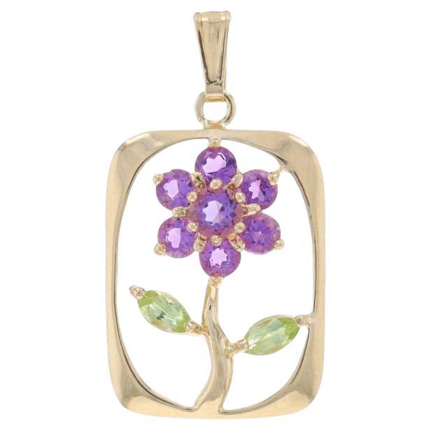 Yellow Gold Amethyst Peridot Flower Pendant - 14k Round .72ctw For Sale