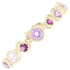 Yellow Gold Amethyst & Rhodolite Garnet Link Bracelet 18 Karat Round 13.70 Carat