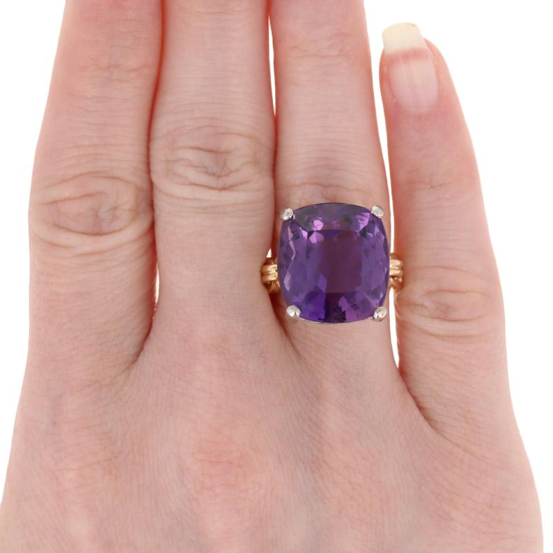 Antique Cushion Cut Yellow Gold Amethyst Ring, 18 Karat Cocktail 19.60 Carat Solitaire