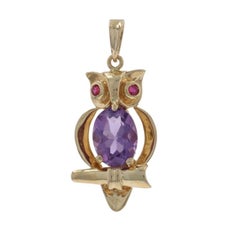 Yellow Gold Amethyst Ruby Owl Pendant - 14k Oval 1.26ctw Wise Bird
