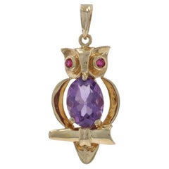 Yellow Gold Amethyst Ruby Owl Pendant - 14k Oval 1.26ctw Wise Bird
