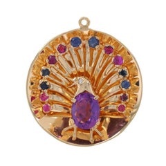 Yellow Gold Amethyst Sapphire Ruby Peacock Pendant - 14k 3.70ctw Bird Reversible