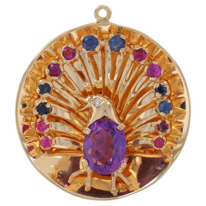 Yellow Gold Amethyst Sapphire Ruby Peacock Pendant - 14k 3.70ctw Bird Reversible For Sale