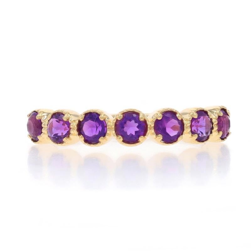 Size: 6 3/4

Note: Please contact us for a resizing quote.

Metal Content: 14k Yellow Gold

Stone Information

Natural Amethysts
Carat(s): .70ctw
Cut: Round
Color: Purple

Total Carats: .70ctw

Style: Seven-Stone Band
Theme: Quatrefoil
Features: