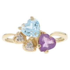 Yellow Gold Amethyst Sky Blue Topaz Diamond Hearts Ring - 10k Heart 1.01ctw Love