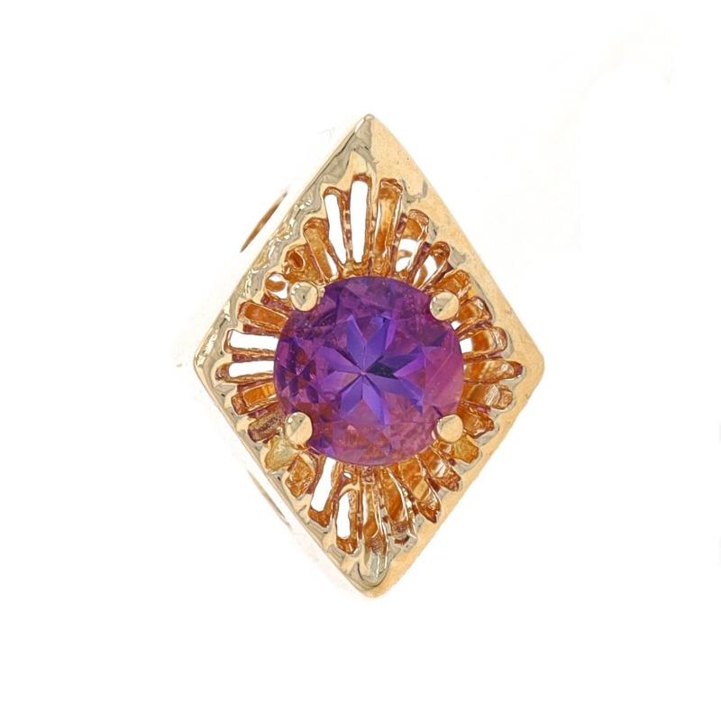Metal Content: 14k Yellow Gold

Stone Information
Natural Amethyst
Carat(s): .40ct
Cut: Round
Color: Purple

Total Carats: .40ct

Style: Slide
Features: Open Cut Detailing

Measurements
Tall: 17/32